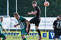Bayernliga Nord - DJK Gebenbach vs. 1. FC Sand       -  Schweißtreibend: Der Sander Max Witchen (Zweiter von rechts) behauptet sich im Kopfballduell gegen Gebenbachs Marco Seifert (links daneben). Im Bild ganz rechts der Sander Kevin Steinmann.
