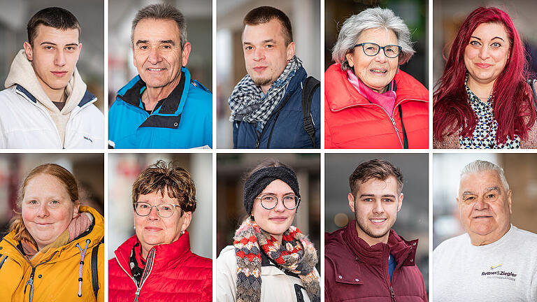 Adria Cammerer, Robert Heim, Henrik Farley, Hannelore Schuler, Silke Behrens-Posta, Lisa Korolew, Jutta Burkard, Emilia Huhn, Raphael Sturdza und Bernd Federlein&nbsp;(von oben links nach rechts unten) sagen, was sie von der Schließung der Galeria Filiale in Schweinfurt halten.