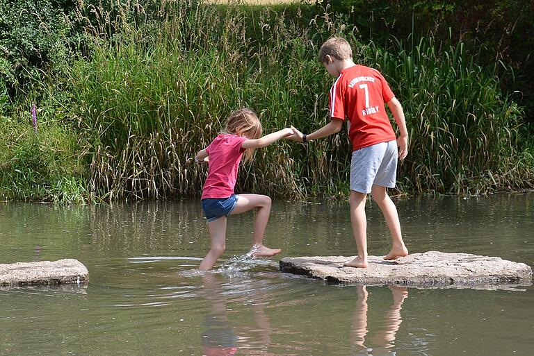 Beim Spielbereich im Wasser der Milz in Höchheim muss man sich gegenseitig unterstützen. Beim Spielbereich im Wasser der Milz in Höchheim muss man sich gegenseitig unterstützen.