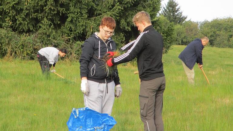 „Zusammen etwas machen und gleichzeitig der Natur helfen“, das konnten die Schüler der Edmund-Grom-Mittelschule mitten in der Hochrhön (im Hintergrund von links Maria Mayer und Michael Dohrmann, vorne Hari Rovcanin und Marvin Schwark).