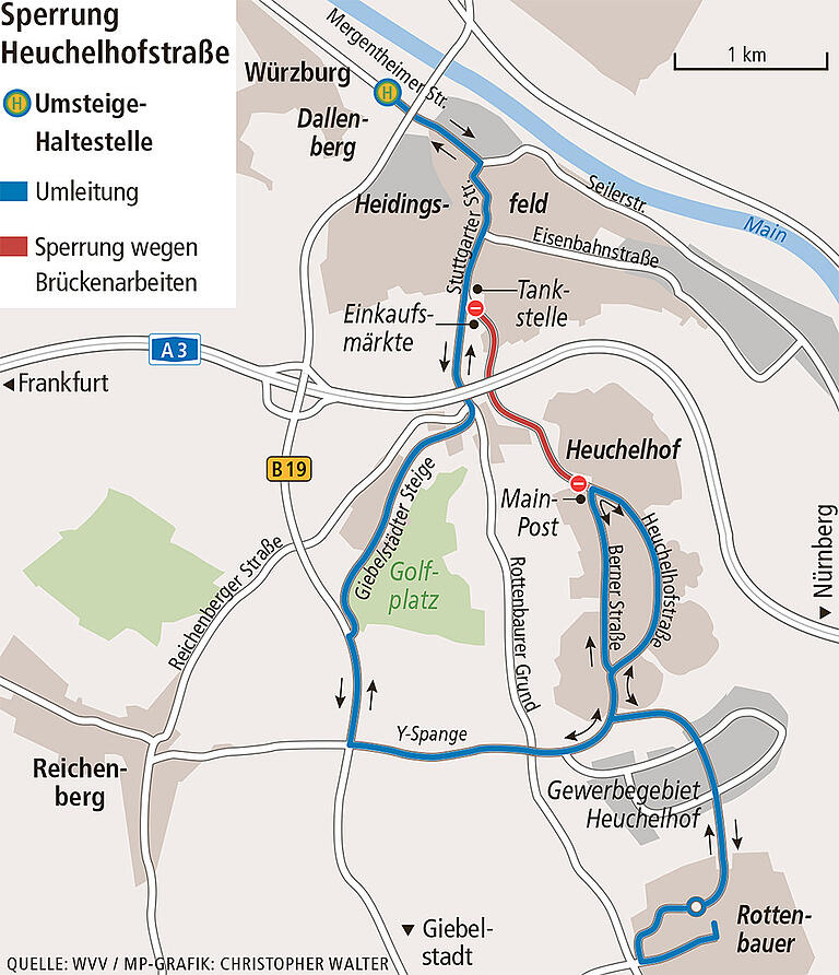 Die Busfahrstrecken während der zweiwöchigen Sperrung der Heuchelhofstraße. Die Busfahrstrecken während der zweiwöchigen Sperrung der Heuchelhofstraße.