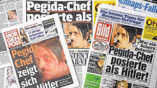 Unmut über Hitler-Foto: Die Titelseiten der &bdquo;Hamburger Morgenpost&ldquo; und der &bdquo;Bild&ldquo;-Zeitung zeigen das Foto von Pegida-Chef Lutz Bachmann mit Hitler-Bärtchen.