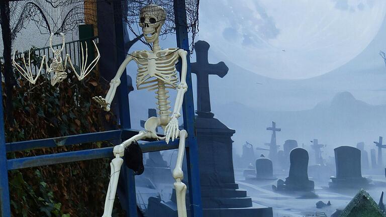 Auf dem hauseigenen Friedhof empfangen Plastik-Skelette die Besucher. Auf dem hauseigenen Friedhof empfangen Plastik-Skelette die Besucher.