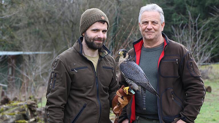 Sven Reinhart (links) und Walter Reinhart von der Pflege- und Auffangstation für Vögel in Eichenfürst mit einem zweijährigen Wanderfalken.