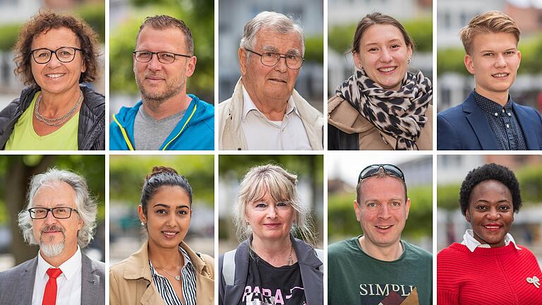 Was sagen Passanten in Schweinfurt zu den leeren Regalen im Supermarkt? Oben v.l.: Andrea Turnheußner, Frank Pfeffermann, Johann Vaessen, Lena Beck, Lasse Kötzel. Unten v.l.: Michael Schmid, Michaela Schödel, Roswitha Riedelsheimer, Sven Wäschenfelder, Viola Hango.