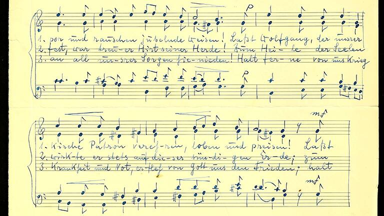 Handschriftliche Partitur des Festhymnus zum Heiligen Wolfgang, 1951 entstanden und dem Distelhäuser Pfarrer Eugen Reinhard gewidmet. Handschriftliche Partitur des Festhymnus zum Heiligen Wolfgang, 1951 entstanden und dem Distelhäuser Pfarrer Eugen Reinhard gewidmet. 