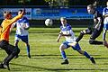 Sebastian Reisinger (rechts) erzielt das 2:0 für die TSG Estenfeld. Bütthards Torwart Mario Schwartz sowie seine beiden Mitspieler Michael Senftinger und Bastian Kemmer können das Gegentor nicht verhindern. Estenfeld gewann mit 4:1 in Bütthard.