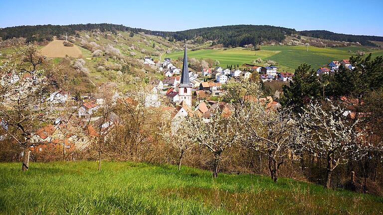 Blick vom Kirschenweg auf Leinach. Blick vom Kirschenweg auf Leinach.