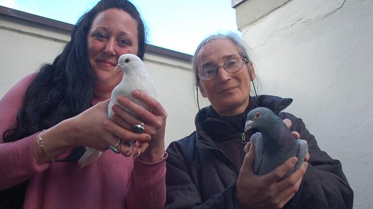 Jasmin Poyotte (links) hat im März 2019 die Initiative Stadttaubenhilfe White Angels ins Leben gerufen, unterstützt wird sie dabei auch von Nadine Hoffmann-Voigt von der Stadttaubenhilfe Unterfranken.