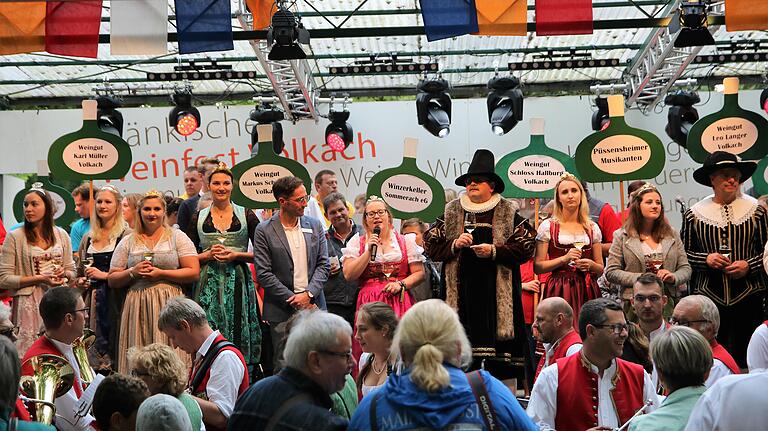 Die Weinhoheiten und Symbolfiguren auf der Bühne zum Weinfest-Auftakt in Volkach.