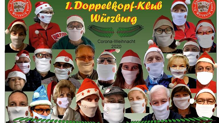Die Mitglieder des 1. Doppelkopf-Klub Würzburg treffen sich hier in einer Collage zum "Maskenball". Die Mitglieder des 1. Doppelkopf-Klub Würzburg treffen sich hier in einer Collage zum "Maskenball".