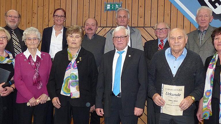 Bei der Serenade konnten auch langjährige Mitglieder des Vereins geehrt werden. Im Bild von links: Vorsitzende Rita Ebert, Wolfgang Sittler vom Fränkischen Sängerbund, Marga Götz, Christa Pfister, Hannelore Krauß (60 Jahre aktiv), Alfons Rippstein, Josef Ruß (25 Jahre aktiv), Reinhard Schmitt (hinten), Waldemar Dereser, Andreas Pfister, Arnold Hess, stellvertretende Vorsitzende Maria Schmitt.