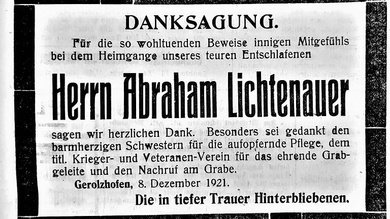 Im 'Bote vom Steigerwald' erschien im Dezember 1921 eine Danksagung für die Beileidsbezeugungen für den verstorbenen Abraham Lichtenauer. Im 'Bote vom Steigerwald' erschien im Dezember 1921 eine Danksagung für die Beileidsbezeugungen für den verstorbenen Abraham Lichtenauer.