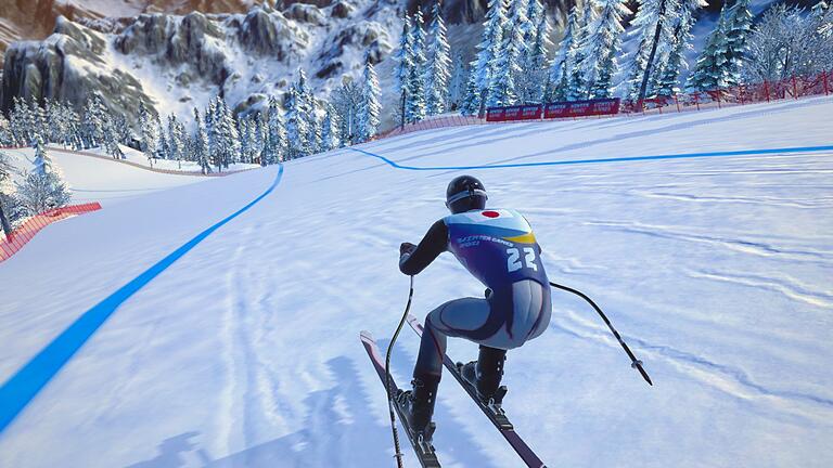 Screenshot &bdquo;Winter Games 2023&rdquo;       -  Das Skifahren verlangt Geschicklichkeit und Kontrolle auf anspruchsvollen Abfahrten.