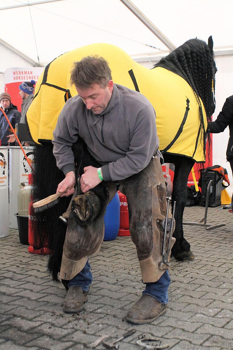 Er hat gerade das Pferd von seinem alten Hufeisen befreit und  besieht sich nun den Huf.