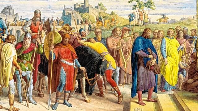 Julius Schnorr von Carolsfeld: Aus dem Nibelungenlied. Etzels Boten bringen die Nachricht von Rüdigers Tod nach Bechelaren, 1865.