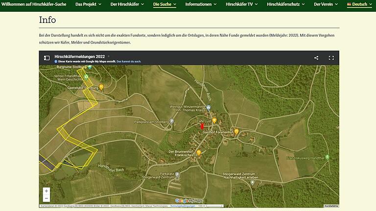 Der Screenshot der Webseite www.hirschkaefer-suche.de (vom 12. Mai 2022) zeigt die dort eingetragenen Fundorte von Hirschkäfern in Franken. Ein Fundort liegt direkt in Handthal.