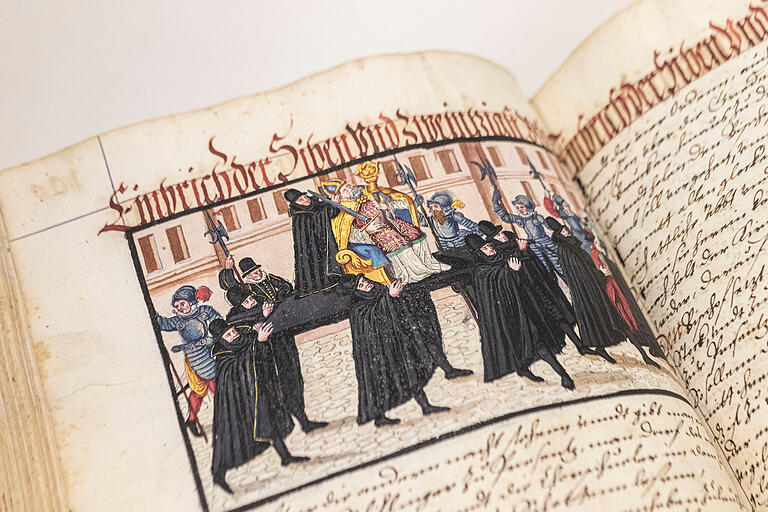 Darstellung der Gebräuche beim Tod eines Bischofs: Miniatur aus einer Abschrift der Fries-Chronik aus dem späten 16. Jahrhundert (UB Würzburg M.ch.f. 248). Darstellung der Gebräuche beim Tod eines Bischofs: Miniatur aus einer Abschrift der Fries-Chronik aus dem späten 16. Jahrhundert (UB Würzburg M.ch.f. 248).