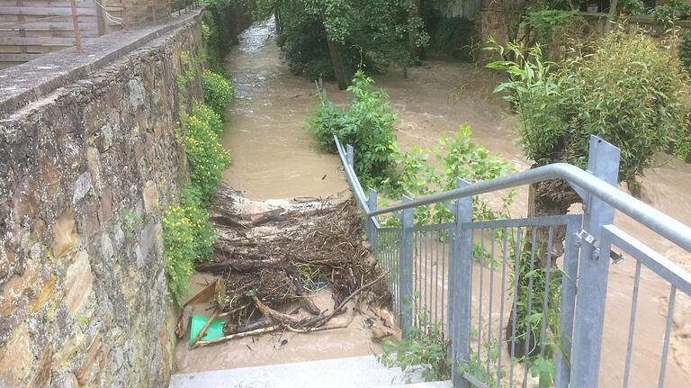 Brücken und Durchlässe stellen bei Hochwasser besonders kritische Stellen dar. Das Foto entstand im Juni 2016 an der Volkach-Brücke in der Schallfelder Straße in Gerolzhofen, wo durch das Hochwasser auch der angrenzende Fußweg überflutet war. Brücken und Durchlässe stellen bei Hochwasser besonders kritische Stellen dar. Das Foto entstand im Juni 2016 an der Volkach-Brücke in der Schallfelder Straße in Gerolzhofen, wo durch das Hochwasser auch der angrenzende Fußweg überflutet war.