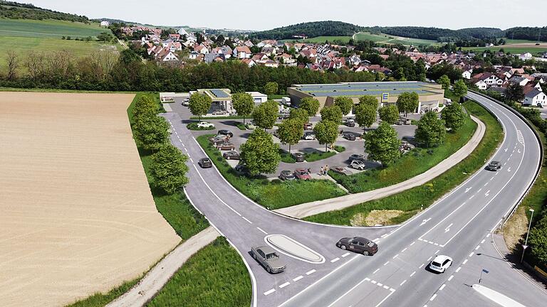 So könnte laut einer Visualisierung des Investors der geplante Edeka mit Tankstelle und Getränkemarkt in Uettingen aussehen.&nbsp;