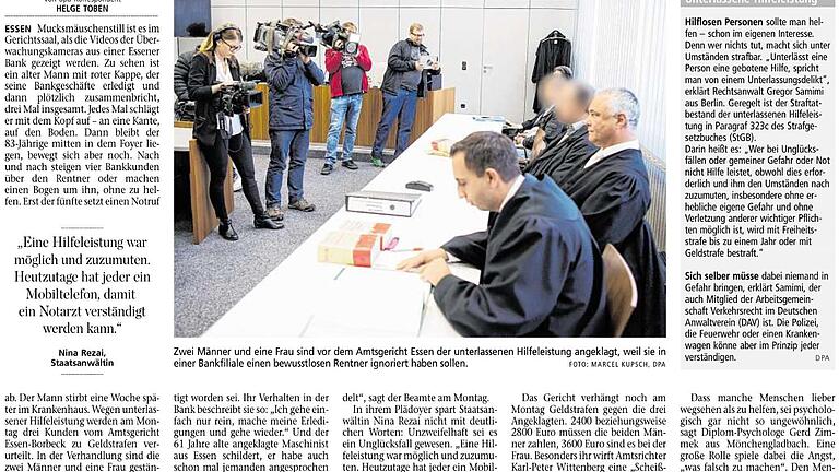 Unterlassene Hilfeleisterung. Prozessbericht in der Zeitung vom 19. September 2017       -  Prozessbericht vom 19.9.2017: Es geht in Essen um den Vorwurf der unterlassenen Hilfeleistung. Die Angeklagten sind unkenntlich gemacht. Sie wurden zu Geldstrafen veurteilt.