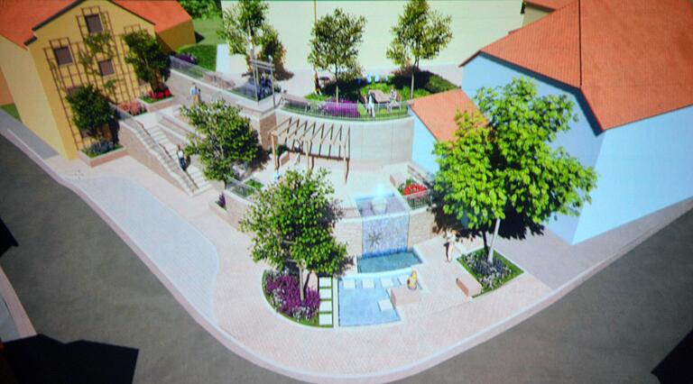 Der visualisierten Plan von Planer Frieder Müller-Maatsch für die neue Ortsmitte Mühlbach - das Foto wurde von Leinwand abfotografiert. Der visualisierten Plan von Planer Frieder Müller-Maatsch für die neue Ortsmitte Mühlbach - das Foto wurde von Leinwand abfotografiert.
