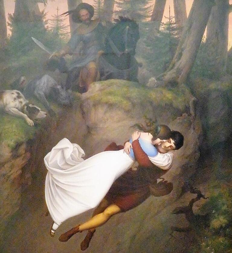 Ein Ausschnitt aus dem Bild 'Sturz vom Felsen' zeigt ein junges Pärchen, das lieber den Tod wählt, als die Freiheit aufzugeben. Doch das Museum Georg Schäfer zeigt auch Bilder mit Happy End für die Liebe.