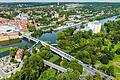 Luftaufnahme von der Maxbrücke im Sommer 2023: Im Sommer war die Brücke wegen Bauarbeiten länger gesperrt, jetzt kann man drei Wochen lang nur stadtauswärts fahren. Die Stadtwerke müsse an zwei Stellen Leitungen erneuern.