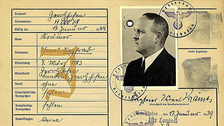 Das Passbild von Siegfried Krämer auf der 1939 in Gerolzhofen für ihn ausgestellten sogenannten Kennkarte. Das Passbild von Siegfried Krämer auf der 1939 in Gerolzhofen für ihn ausgestellten sogenannten Kennkarte.