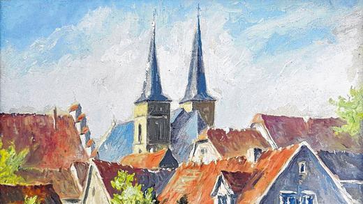 Journalist und Künstler: Rudi Hoch hat diese Ansicht der Stadtpfarrkirche gemalt. Im Hauptberuf war er von 1950 bis 1954 Redakteur beim Gerolzhöfer Lokalblatt &bdquo;Der Steigerwald-Bote&ldquo;.