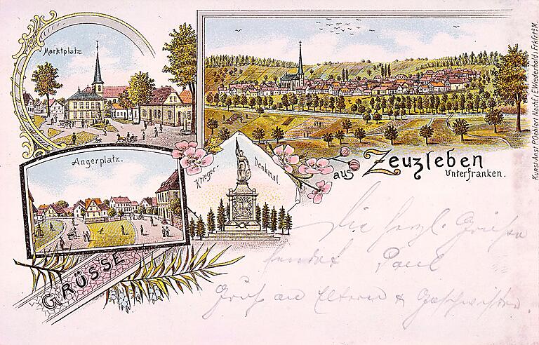 Auf dieser historischen Postkarte mit einem Gruß aus Zeuzleben ist im linken oberen Eck der großzügige Marktplatz der Ortschaft als Zeichnung abgebildet. Auf dieser historischen Postkarte mit einem Gruß aus Zeuzleben ist im linken oberen Eck der großzügige Marktplatz der Ortschaft als Zeichnung abgebildet.