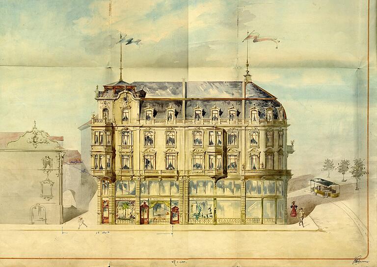 Nach Wiener Vorbild gestaltet: Das Haus am Marktplatz 11 auf einer Zeichnung des Stadtarchivs. Der vordere Teil des Gebäudes ist heute dem s.Oliver-Neubau gewichen. Nach Wiener Vorbild gestaltet: Das Haus am Marktplatz 11 auf einer Zeichnung des Stadtarchivs. Der vordere Teil des Gebäudes ist heute dem s.Oliver-Neubau gewichen. 