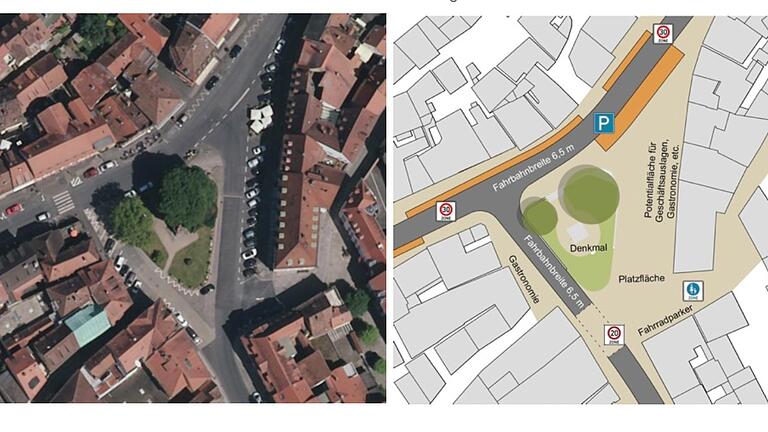 Die aktuelle Straßenführung am Königsplatz in Kitzingen (links im Bild) räumt dem Straßenverkehr viel Platz ein. Die Planungsskizze (rechts) sieht eine Einbahnstraßenregelung und einen Platz mit Aufenthaltsqualität vor. Die aktuelle Straßenführung am Königsplatz in Kitzingen (links im Bild) räumt dem Straßenverkehr viel Platz ein. Die Planungsskizze (rechts) sieht eine Einbahnstraßenregelung und einen Platz mit Aufenthaltsqualität vor.