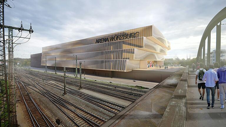 Eine Visualisierung der geplanten Multifunktionsarena östlich der Grombühlbrücke in Würzburg. Sie ist das Ergebnis eines Gestaltungswettbewerbs, den die Projektgesellschaft ausgeschrieben hatte.