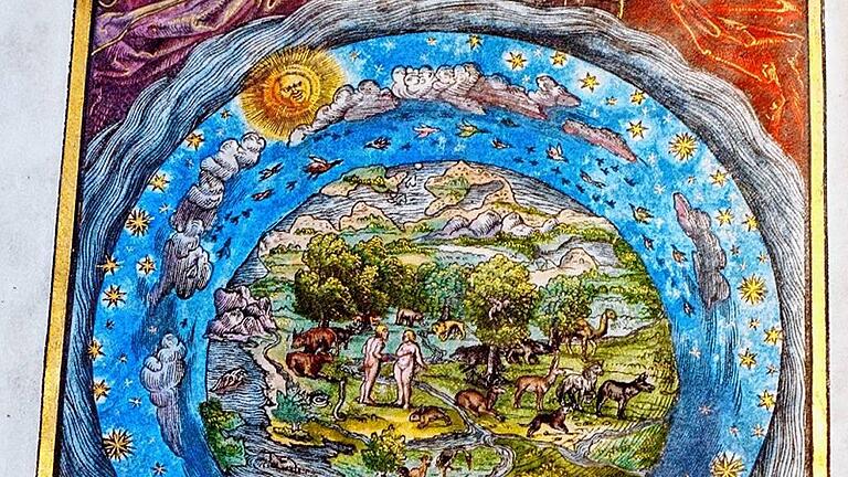 Historische Bücher zur Weltgeschichte       -  Nach Erschaffung der Welt: Prachtvoll kolorierte Darstellung von Gott über dem Paradies, abgebildet in einer deutschen Bibel Martin Luthers in der Ausgabe von 1541. Sechs Tage dauerte es laut Bibel, um die Welt zu erschaffen, der folgende Tag war ein Ruhetag &ndash; der Samstag?