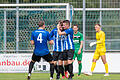Jubeln die Blauen (von links, Tim Lorenz, Erik Schnell-Kretschmer und Dennie Michel) auch am Samstag? Das bislang letzte Aufeinandertreffen an der Mainaustraße mit dem benachbarten TSV Abtswind hat der FV 04 Würzburg im August 2019 in der Fußball-Bayernliga Nord mit 4:2 gewonnen.