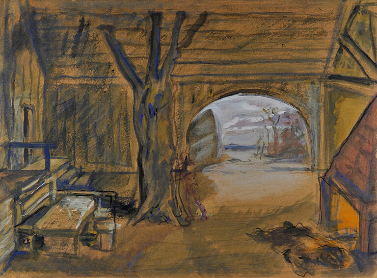 Max Slevogt: In Hundings Hütte. Bühnenentwurf zu Wagners 'Walküre', um 1931.