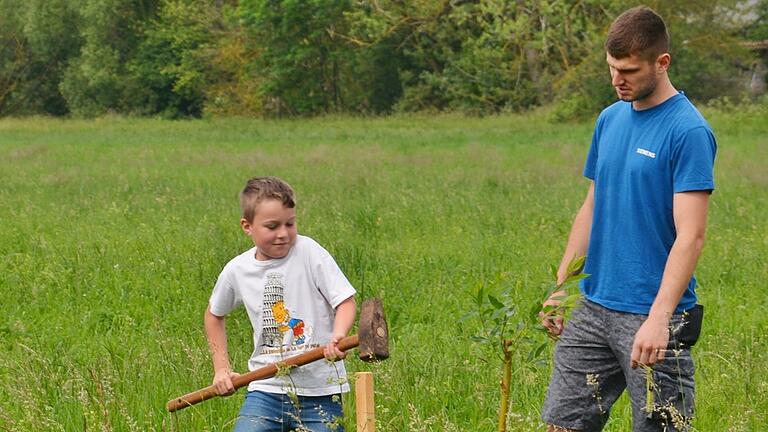 Fabian Wolf gab Hilfestellung, als die Kinder mit dem schweren Hammer, den Holzstecken in die Erde schlugen.