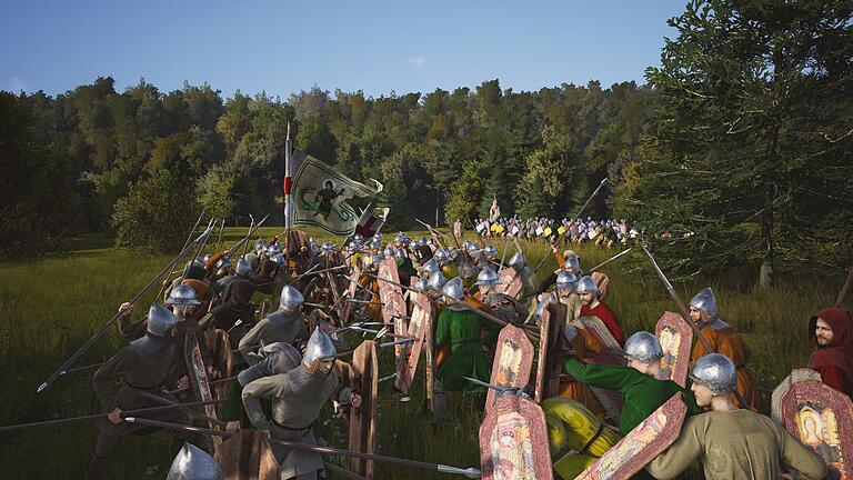 Screenshot vom Spiel „Manor Lords” - Es kann nur einen geben: In „Manor Lords” wird so manche Schlacht ausgetragen. Screenshot vom Spiel „Manor Lords” - Es kann nur einen geben: In „Manor Lords” wird so manche Schlacht ausgetragen.