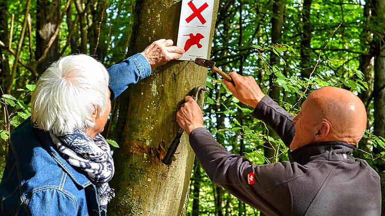 Der Hammer ist hier ein wichtiges Werkzeug. Margit und Johannes Pfeifroth beim Anbringen einer Wanderwegemarkierung bei Gräfendorf.
