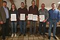 Lothar Ehehalt (Vorsitzender RZV Franken und MER Unterfranken) und die Geehrten Miriam Weigand (Dornheim), Johannes Haubenreich (Geiselwind), Karl Kilian (Nenzenheim), Hans Kreßmann (Wiesenbronn) sowie  Klaus Förster vom AELF Kitzingen-Würzburg.