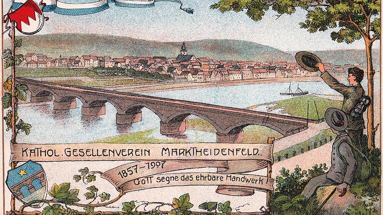 Die Marktheidenfelder waren immer besonders stolz auf ihre Mainbrücke:&nbsp; Hier anhand einer historischen Ansicht zum 50. Gründungsjubiläum des katholischen Gesellenvereins zu sehen.