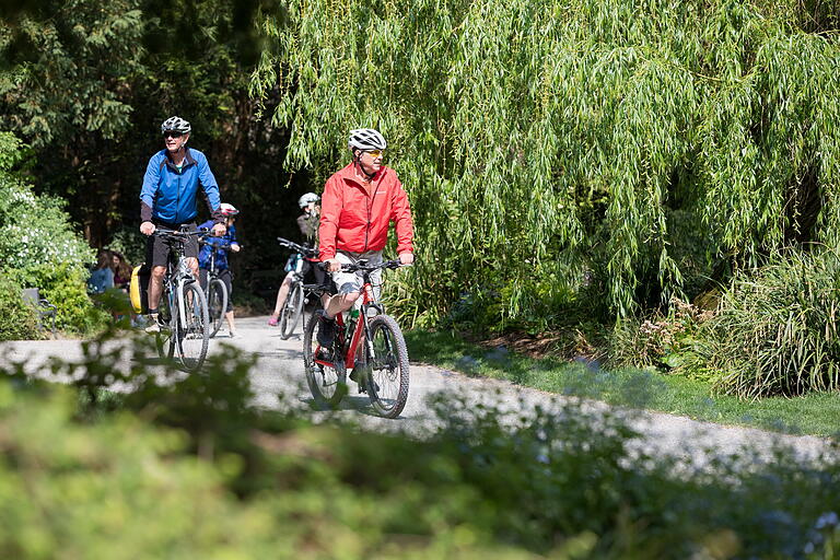 Mehrere Radfahrer fahren durch den Ringpark in Würzburg.