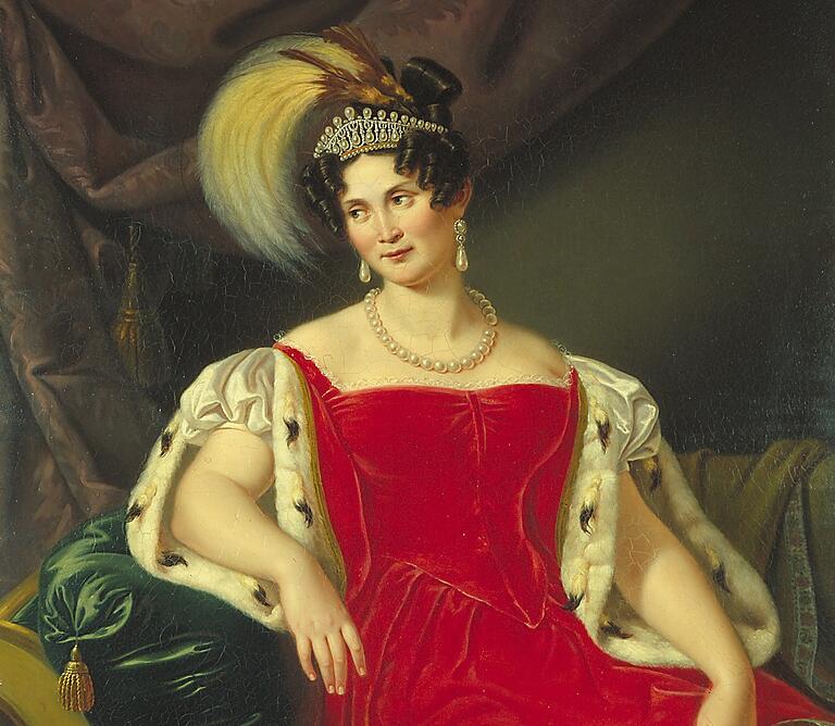 Julie Gräfin von Egloffstein: 'Königin Therese von Bayern', 1836 (Ausschnitt). Das Gemälde kommt so gut an, dass Hofmaler&nbsp;Joseph Karl Stieler alles andere als begeistert ist.