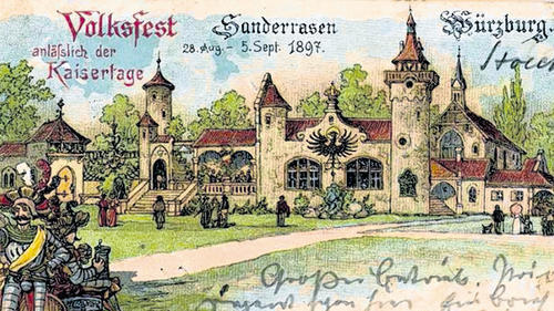 1897: Diese Karte erinnert an das Kilianivolksfest  im Jahr 1897, als Ende August auf dem Sanderrasen gefeiert wurde.