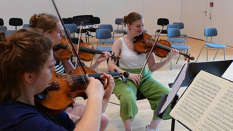 Proben Pult an Pult: Hier die Bratschistin des Notos Quartetts Andrea Burger mit Teilnehmerinnen der 'Notos Chamber Music Academy' in Weikersheim.