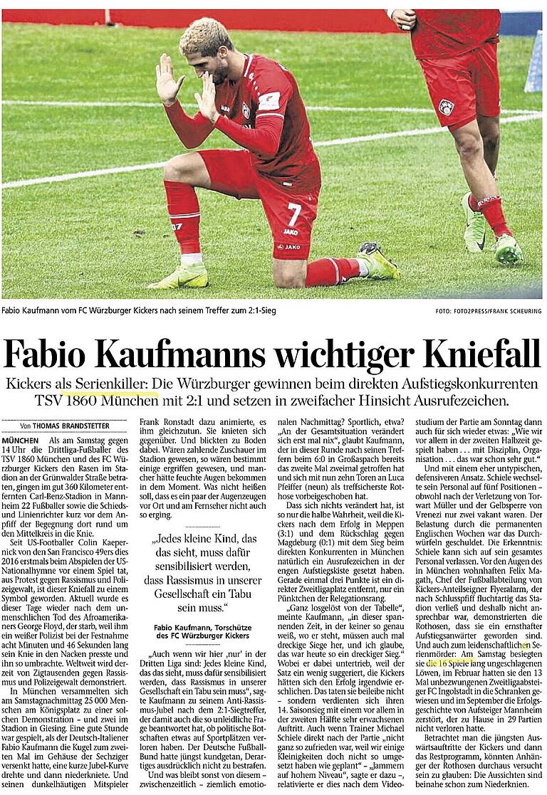 Fabio Kaufmanns wichtiger Kniefall. Artikel in der Main-Post vom 8.6.2020. 'Serienkiller' und 'Serienmörder' wirken störend.