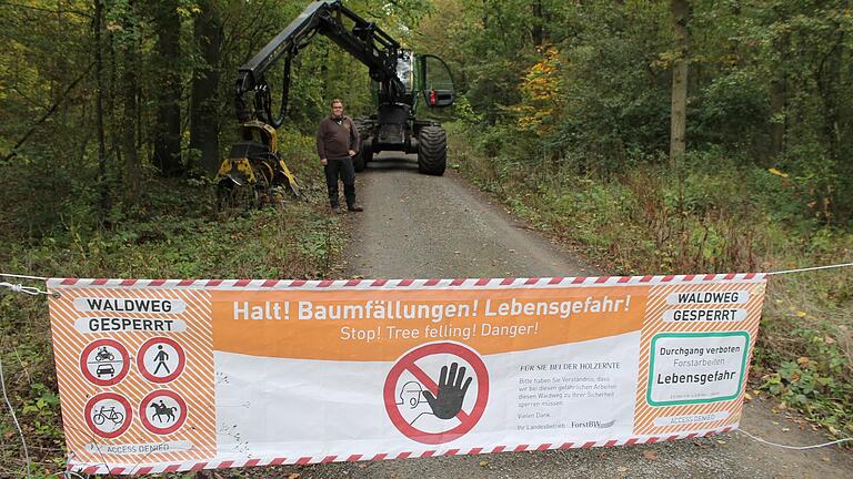 Jonas Bäuerlein ist momentan mit seinem mächtigen Harvester dabei, im Gerolzhöfer Stadtwald Mahlholz abgestorbene Bäume zu fällen. Das Gebiet ist auch in der kommenden Woche aus Sicherheitsgründen noch gesperrt.