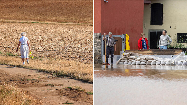 Mal gar kein, mal zu viel Wasser: Links geht eine Frau auf ausgedörrten Feldern im August 2022 in Waldbrunn spazieren. Rechts stehen Anwohner im Juli 2021 im überfluteten Reichenberg (beide Lkr. Würzburg).