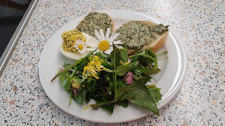 Vorspeisenteller: Brennesselbrötchen, gefüllte Eier mit Margeritenblüten, Wildkräutersalat aus verschiedenen Wild-Kräutern